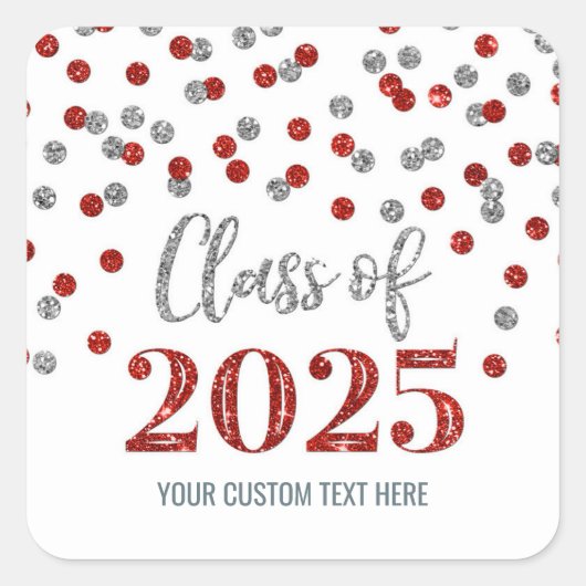 Sticker Carré Graduation Argent Rouge Confetti 2025 (Devant)