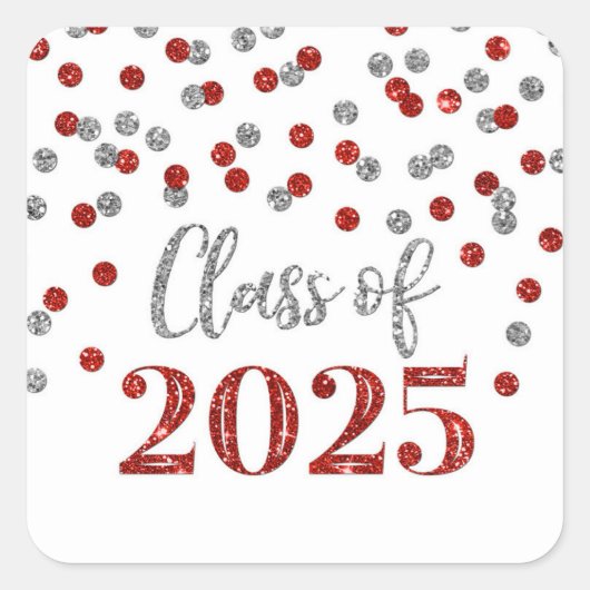 Sticker Carré Graduation Argent Rouge Confetti 2025 (Devant)