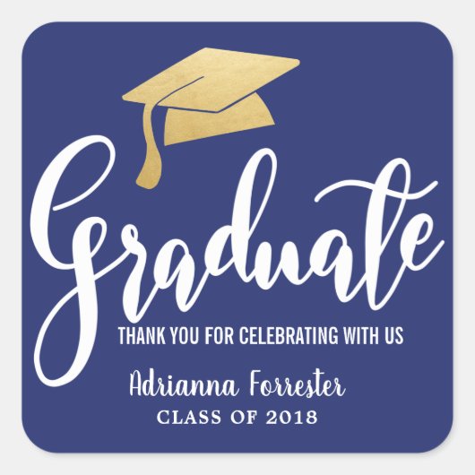 Sticker Carré Graduation Hat Faux Gold Foil Merci Navy Blue (Devant)