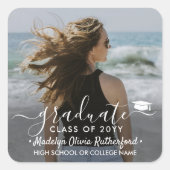 Sticker Carré Graduation Photo & Elegant White Script Classe Ann (Devant)