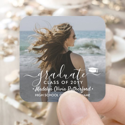 Sticker Carré Graduation Photo & Elegant White Script Classe Ann