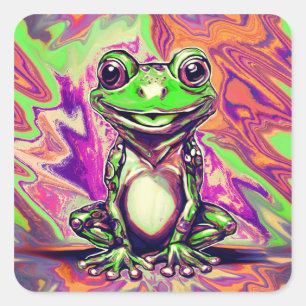 Sticker Carré Graffiti de grenouille psychédélique coloré vert v
