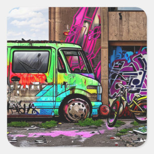 Sticker Carré Graffiti de Van et de Vélo Abandonné Art urbain