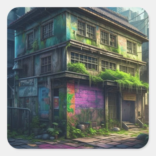 Sticker Carré Graffiti violet abandonné Bâtiment de désintégrati (Devant)