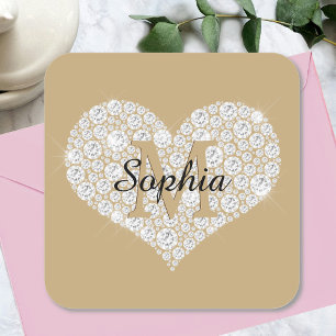 Sticker Carré Grand Cœur en Diamant, Monogramme en Or, Nom en Sc