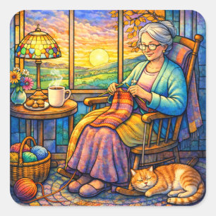 Sticker Carré Grand-mère au tricot en vitrail, chat et maison co