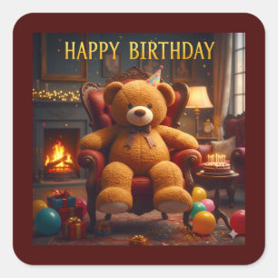 STICKER CARRÉ GRAND OURS EN PELUCHE JOYEUX ANNIVERSAIRE