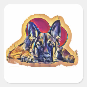Sticker Carré Grand Tan Noir Allemand Berger Chiot PopArt