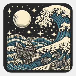 Sticker Carré Grande Vague Poisson Nuit Étoilée en Gravure sur B