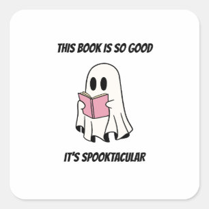 Sticker Carré Graphisme de fantôme lisant un livre pour Hallowee