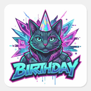 Sticker Carré Graphisme pour fête d'anniversaire de chat cyberpu