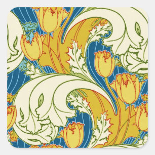 Sticker Carré Gras Vintage Tulip Bleu Or Vert Motif Floral