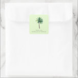 Sticker Carré Grateful Green Tropical Palm Tree<br><div class="desc">This wedding sticker features a serene tropical design with a single, centered palm tree on a soft pastel green background. The elegant serif typography below the tree reads "thank you, " expressing gratitude in an understated manner. The color palette of lush greens and warm browns creates a calming and inviting...</div>
