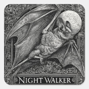 Sticker Carré Gravure vintage d'une chauve-souris volant sous Pl