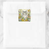 Sticker Carré Gray Kitty Chat assis en Fleurs (Sac)