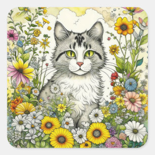 Sticker Carré Gray Kitty Chat assis en Fleurs