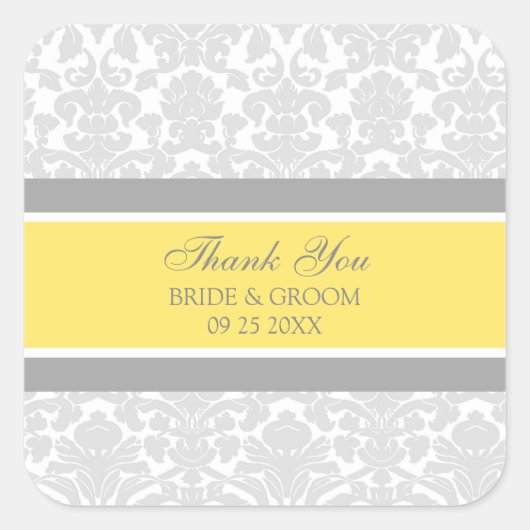 Sticker Carré Gray Lemon Damask Merci Wedding Favor Tags (Devant)