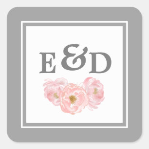 Sticker Carré Gray Mariage de monogrammes de pivoines roses bl
