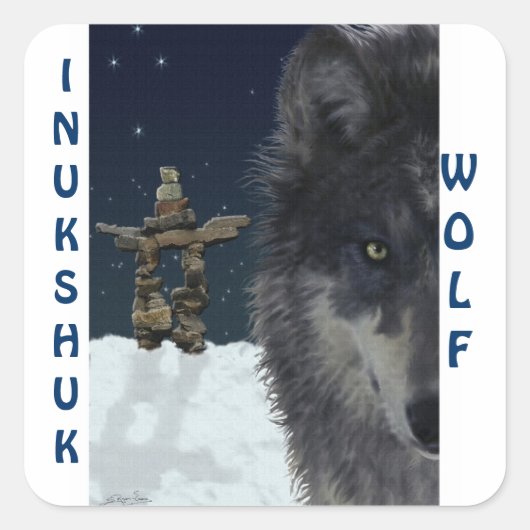 Sticker Carré GRAY WOLF & ARCTIC INUKSHUK Wildlife Supporter Art (Devant)