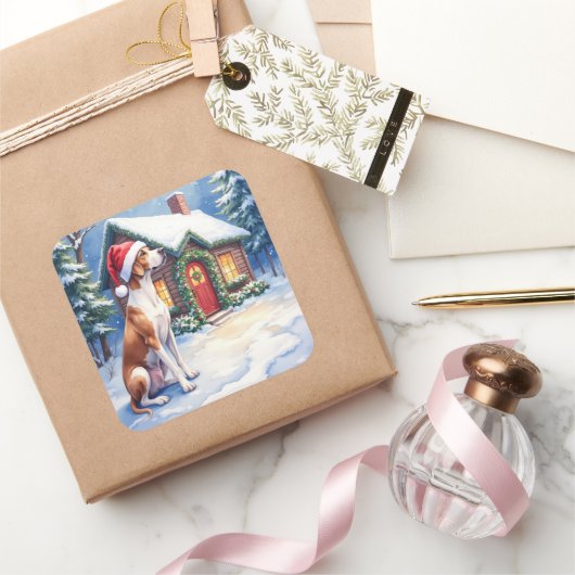Sticker Carré Great Dane Snowy Cabin Santa Hat Christmas Art (Cadeaux)