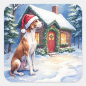 Sticker Carré Great Dane Snowy Cabin Santa Hat Christmas Art (Devant)