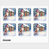 Sticker Carré Great Dane Snowy Cabin Santa Hat Christmas Art (Feuille)