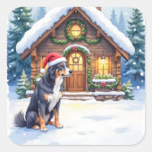 Sticker Carré Greater Swiss Mountain Dog Snowy Cabin Santa Hat (Devant)
