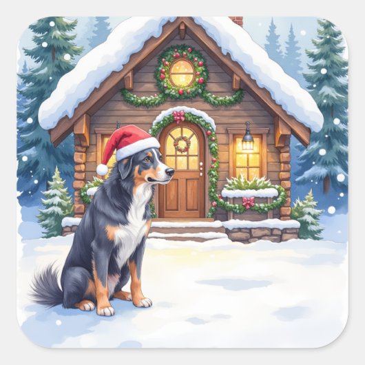 Sticker Carré Greater Swiss Mountain Dog Snowy Cabin Santa Hat (Devant)