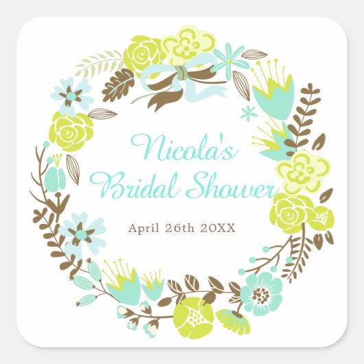 Sticker Carré Green & Brown Floral Wreath Bridal Shower (Devant)