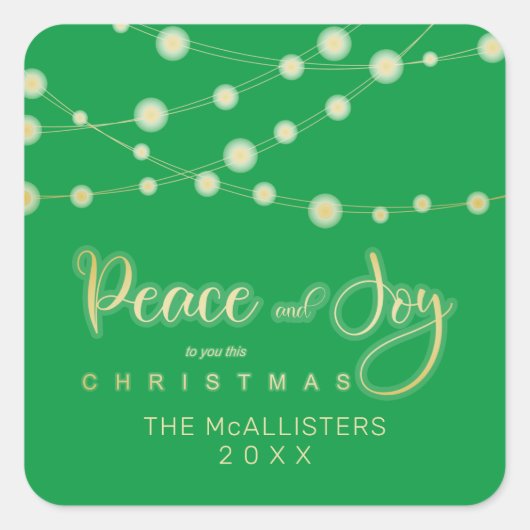 Sticker Carré Green Christmas Lights Peace Joy Whimsical Script (Devant)