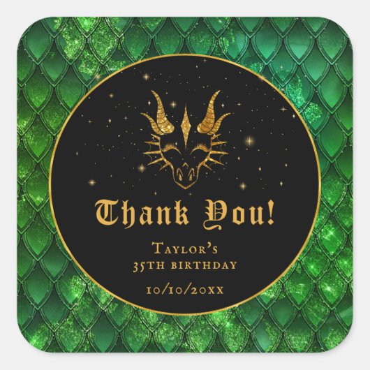 Sticker Carré Green Dragon Scales Or Anniversaire Merci (Devant)