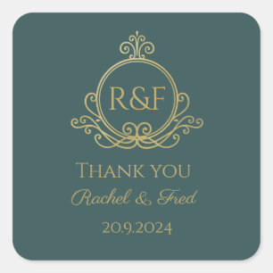 Sticker Carré Green Elegant Golden Calligraphie Mariage Merci