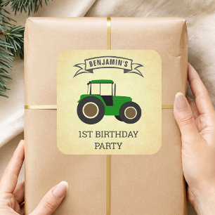Sticker Carré Green Farm Tractor Anniversaire de enfant Party