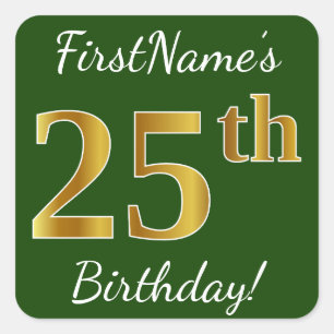 Sticker Carré Green, Faux Gold 25e anniversaire + Nom personnali