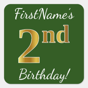 Sticker Carré Green, Faux Gold 2e anniversaire + Nom personnalis