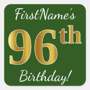 Sticker Carré Green, Faux Gold 96e anniversaire + Nom personnali