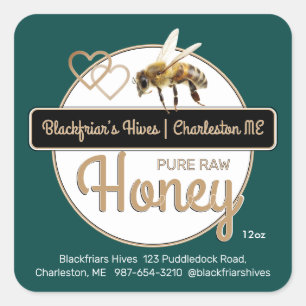 Sticker Carré Green Gold Modern Script Honey avec abeille à miel