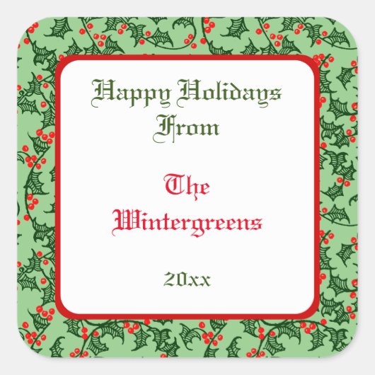 Sticker Carré Green Holly avec Red Berries Editable Gift Taq (Devant)