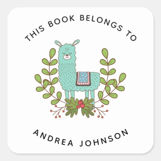 Sticker Carré Green Llama Cute Funny Animal Nom de l'enfant Plaq (Devant)
