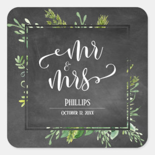 Sticker Carré Greenery Bouquet Mr & Mrs Typography Chalkboard