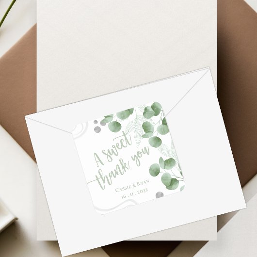 Sticker Carré Greenery Eucalyptus Leaves Wedding Thank You