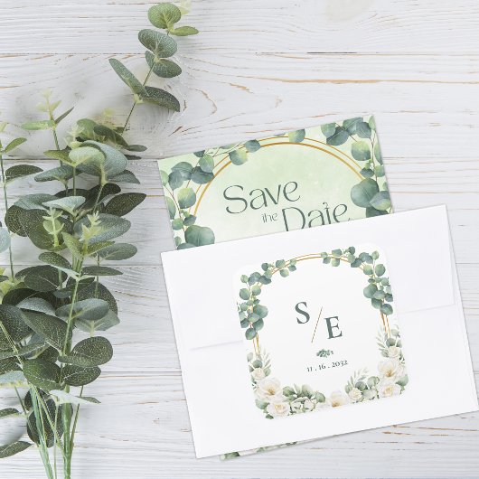 Sticker Carré Greenery Eucalyptus Monogram Botanical Wedding