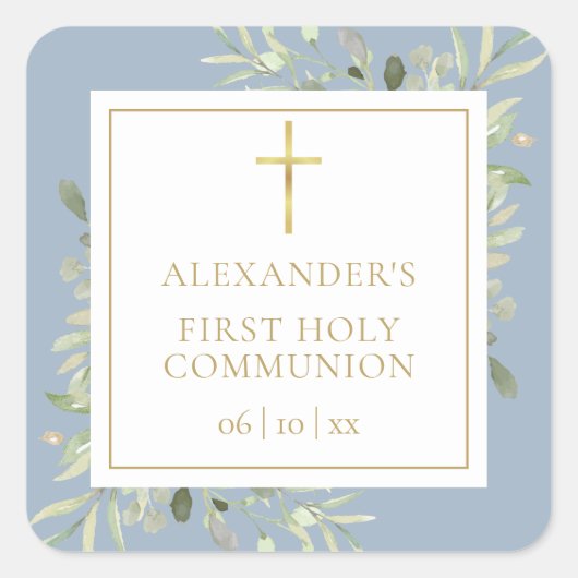 Sticker Carré Greenery Floral Dusty Blue First Holy Communion (Devant)