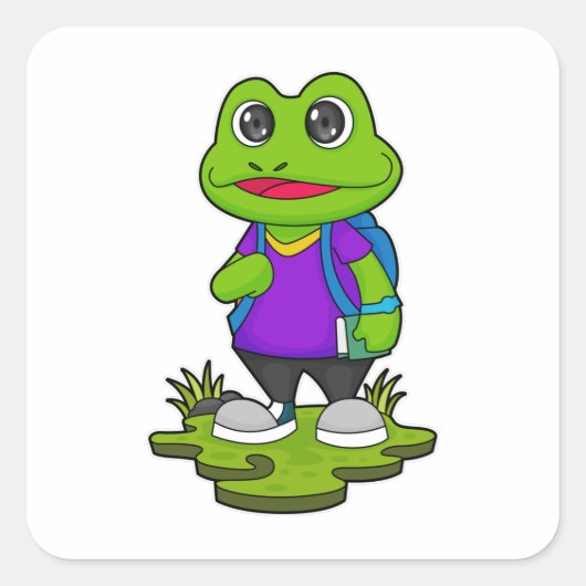 Sticker Carré Grenouille comme randonneur avec sac à dos (Devant)