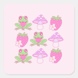 Sticker Carré Grenouille Kawaii, champignon et fraise