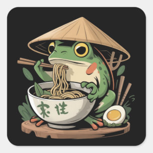 Sticker Carré Grenouille mangeant des ramen kawaii neko nouilles