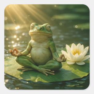 Sticker Carré Grenouille méditant sur un nénuphar