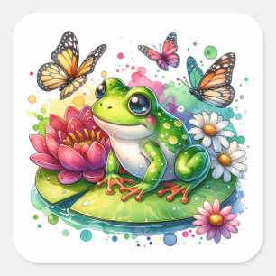 Sticker Carré Grenouille mignonne sur Lily Pad avec Fleurs et Pa