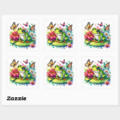 Sticker Carré Grenouille mignonne sur Lily Pad avec Fleurs et Pa (Feuille)