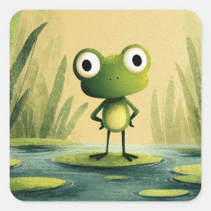 Sticker Carré Grenouille Mignonne sur une Feuille de Nénuphar –